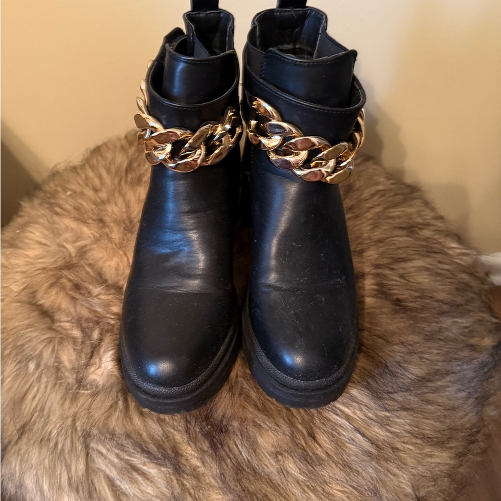 Halston Heritage Black Ankle Boots with Gold Chain
